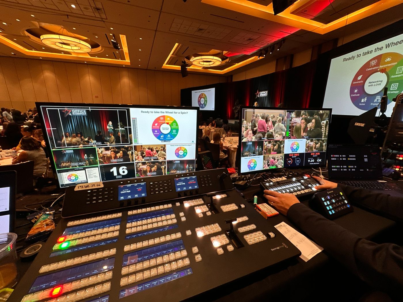 Video switcher and multiview monitors at the production desk of a conference